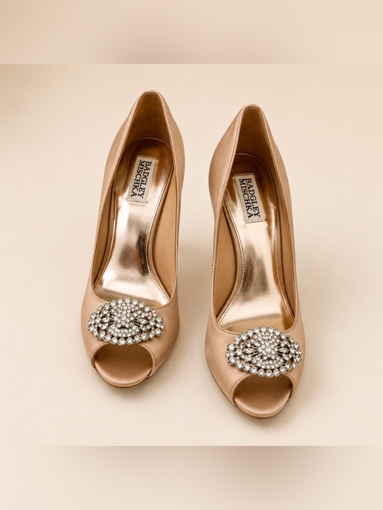 Badgley Mischka Shoes - Badgley Mischka Women Champagne Satin Peep Toe Heels Embellished Jeweled 8.5‎